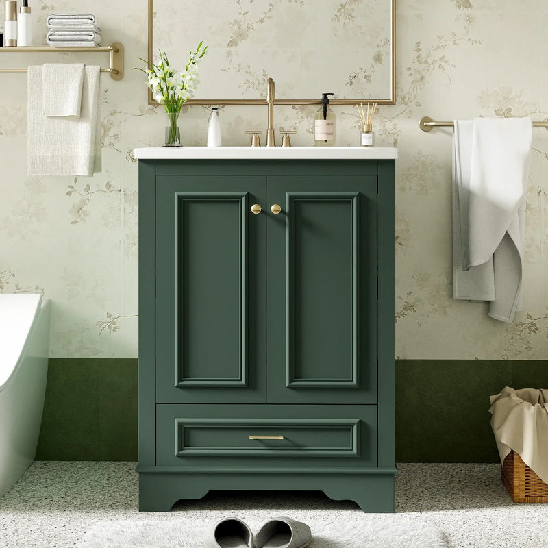 Bathroom Vanity With Ceramic Sink Combo, Modern Freestanding Storage Cabinet With Silver Handles by Unique Piece Furniture