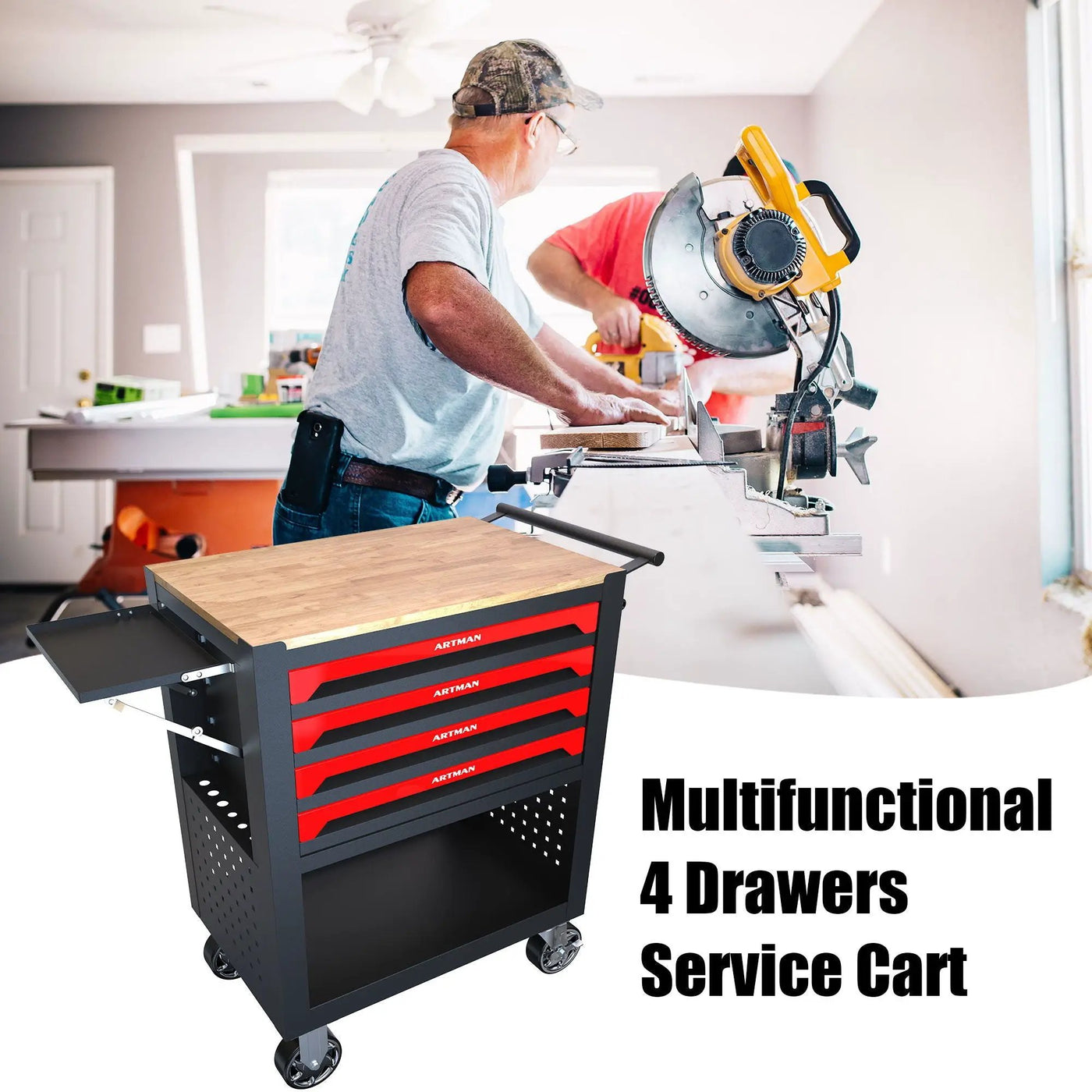 4 Drawers Multifunctional Tool Cart With Wheels And Wooden Top by HouseOfZazla