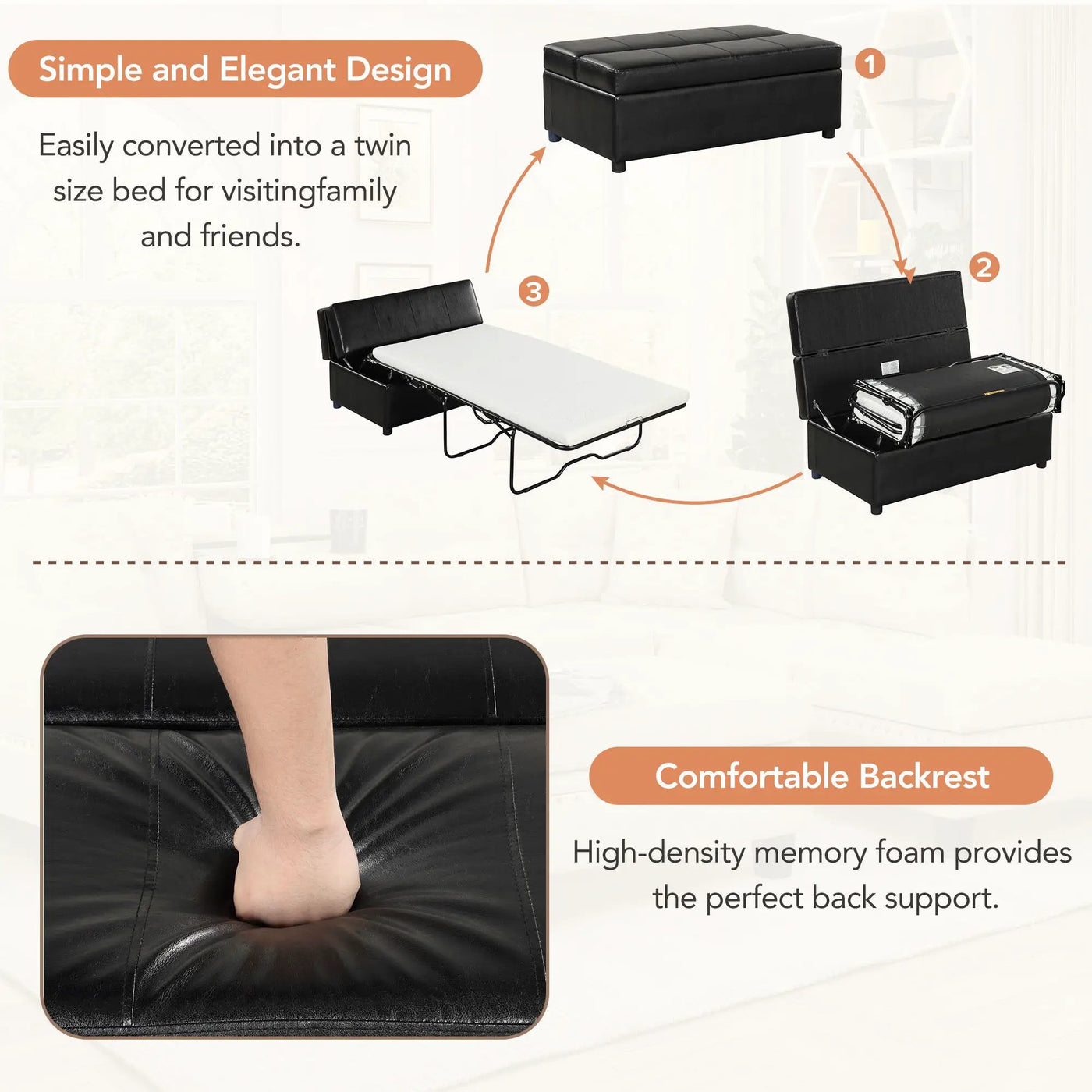 Twin Size Folding Ottoman Sleeper Bed With Mattress Convertible Guest Bed by Unique Piece Furniture