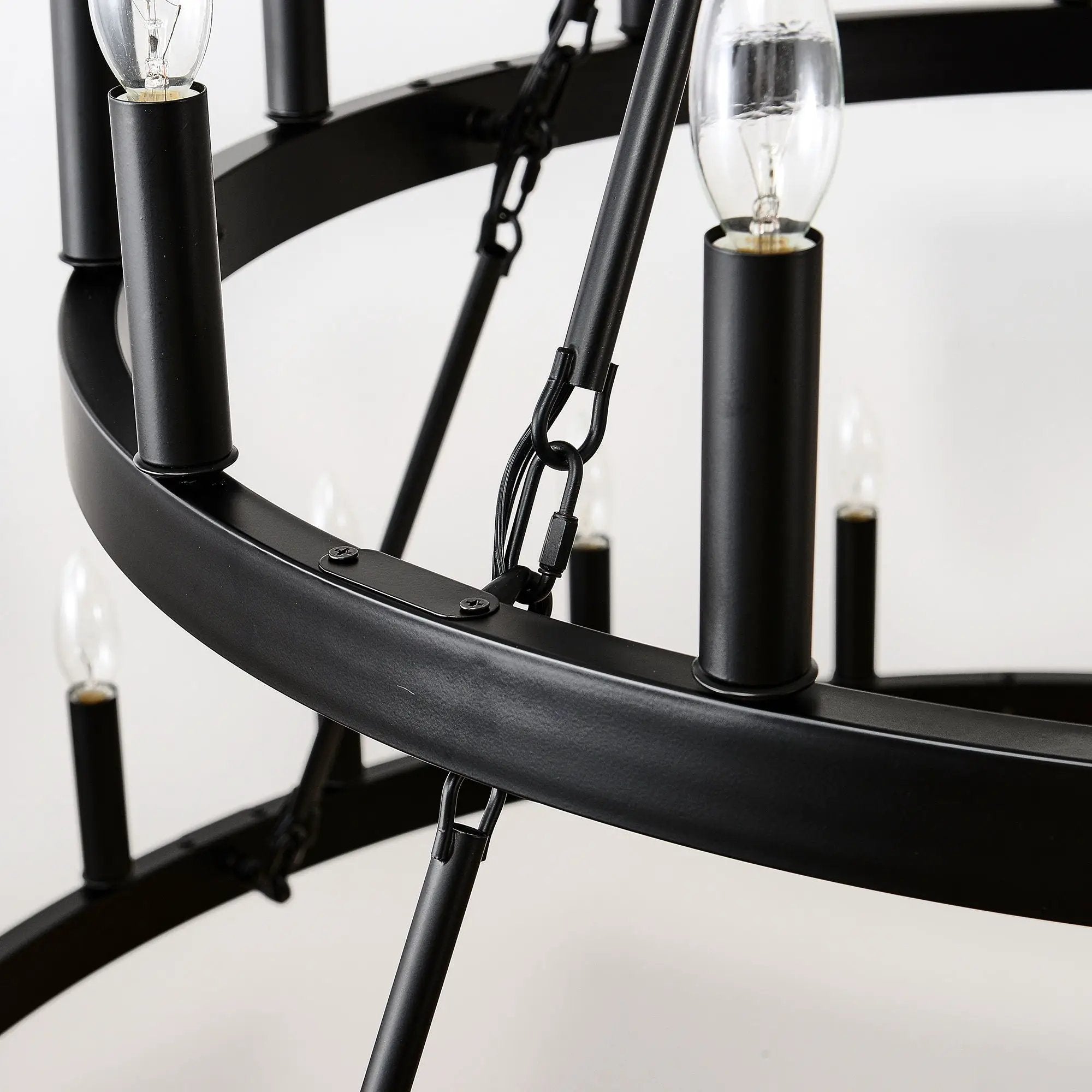 2 Tiers Wagon Wheel Chandelier Wooden Farmhouse 36 Light (24 / 12) Or (12 / 24) Metal Chandeliers 2 Story Light Fixtures Industrial For High Ceiling Living Dining Room Foyer, Adjustable Height - Black by HouseOfZazla
