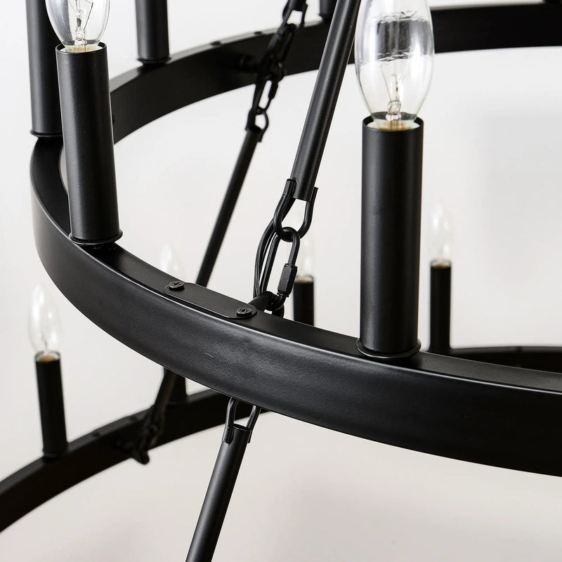 2 Tiers Wagon Wheel Chandelier Wooden Farmhouse 36 Light (24 / 12) Or (12 / 24) Metal Chandeliers 2 Story Light Fixtures Industrial For High Ceiling Living Dining Room Foyer, Adjustable Height - Black by HouseOfZazla