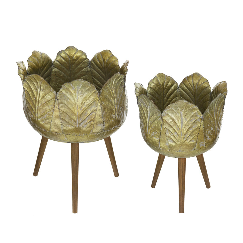 Set of 2 Metal Planters with Solid Wood Legs Stand - Natural Zinc, photo 3 of 10