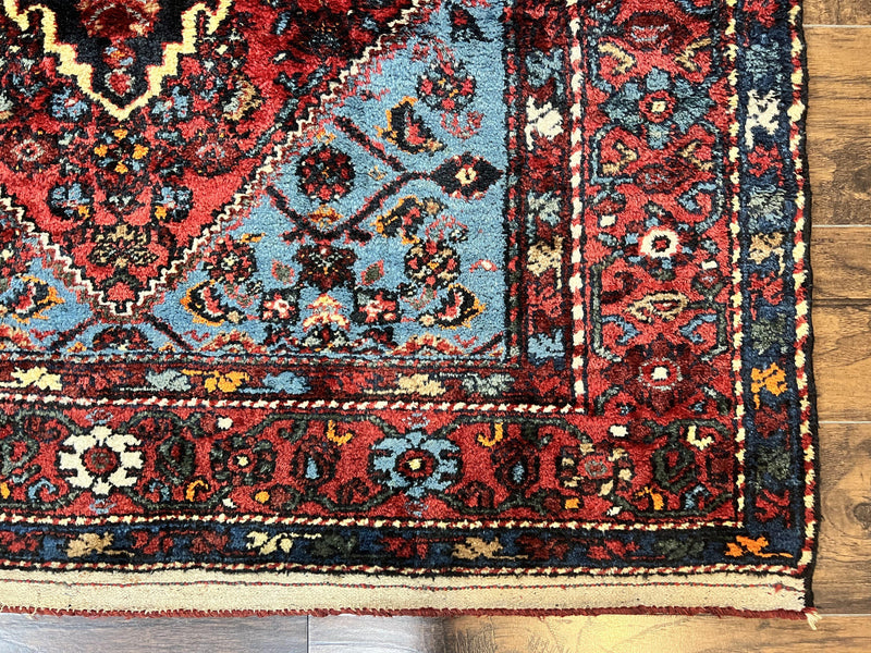 Antique Persian Tribal Rug 4x7, Wool Handmade 1920s Carpet, Red Blue, Persian Hamadan Rug by Jewel Rugs