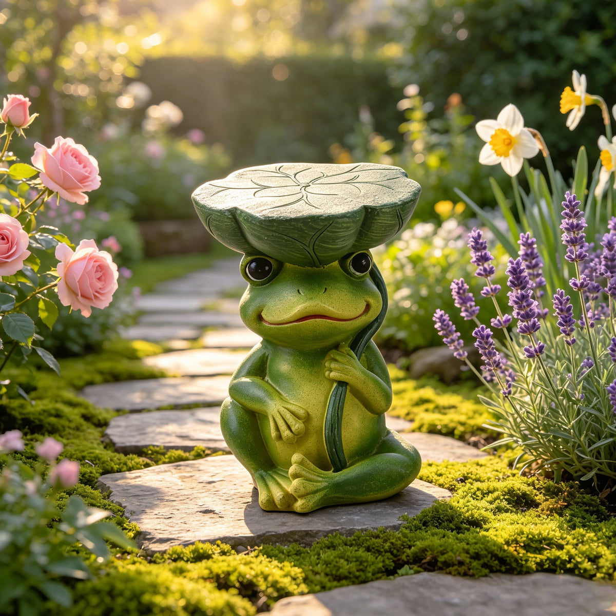 Magnesium Oxide Frog Stool Garden Statue with Lotus Leaf Seat - Outdoor Decor