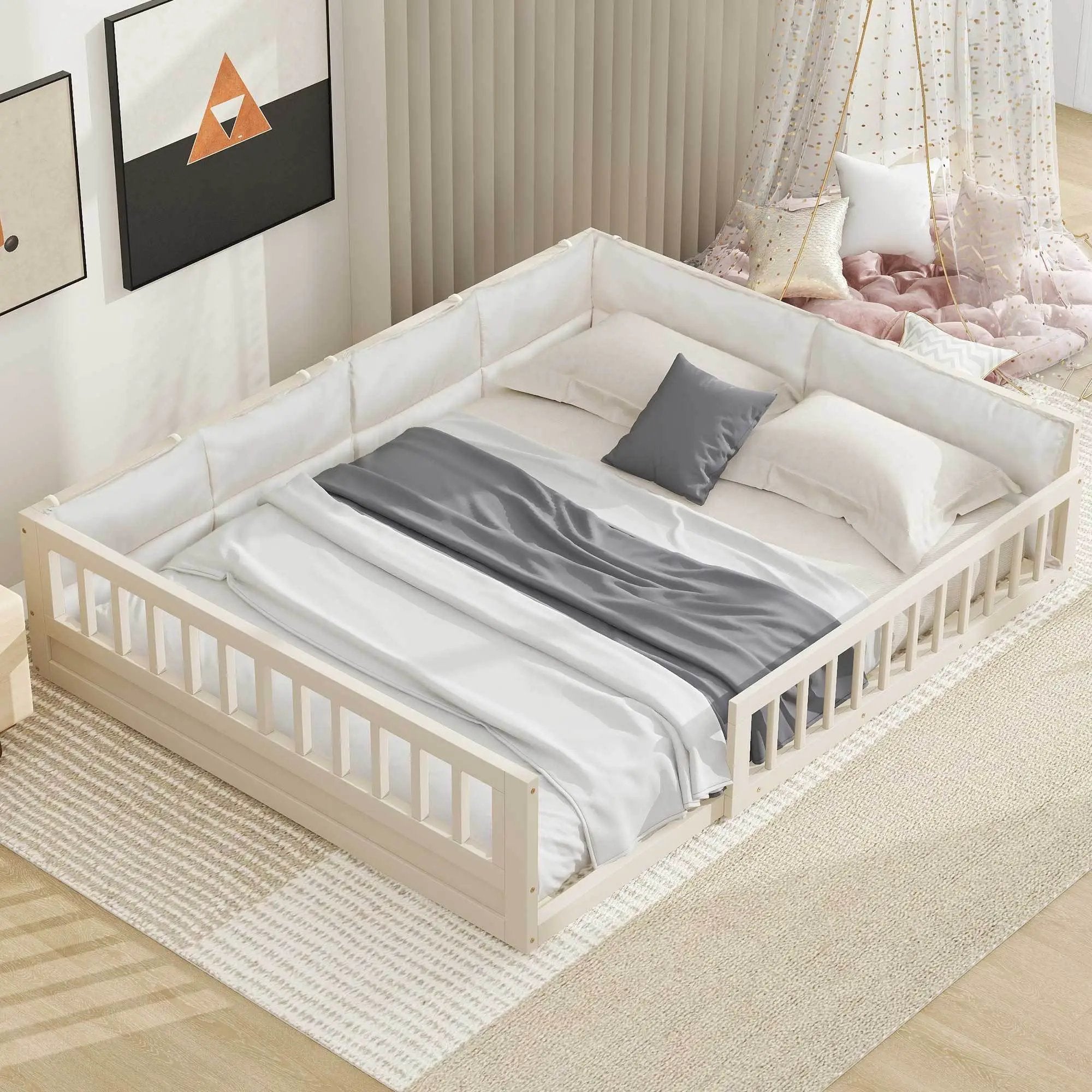 Wood Full Size Upholstered Platform Bed with Guardrail and Pillow by HouseOfZazla