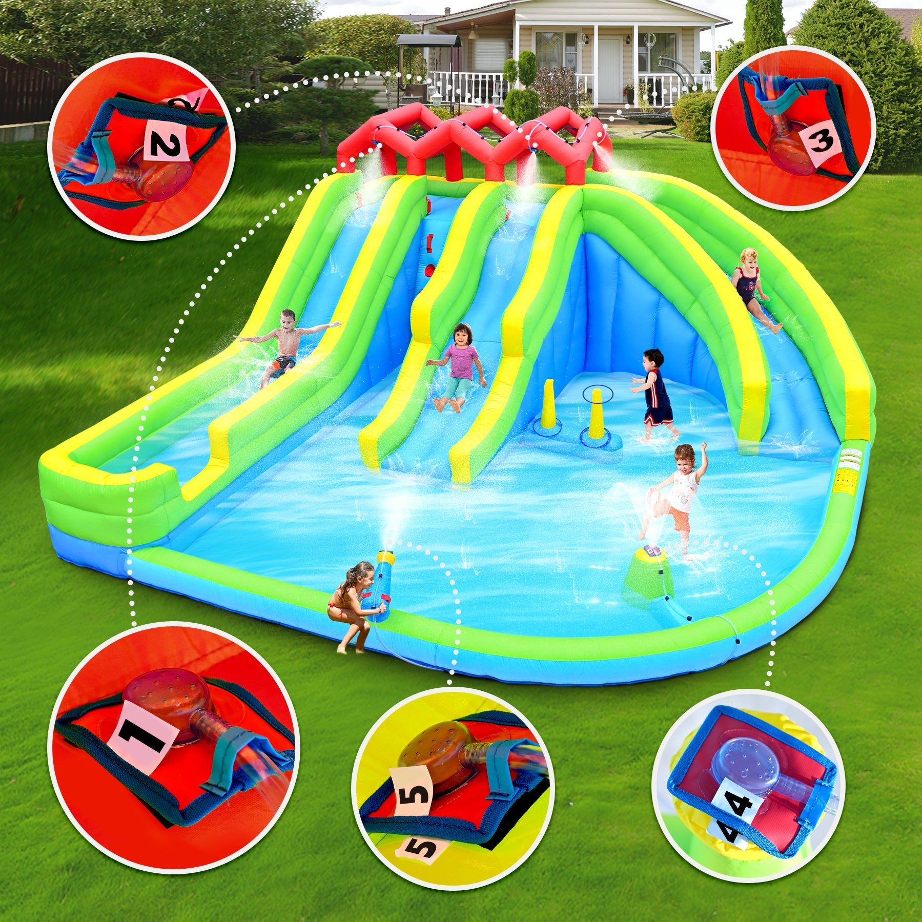 7-in-1 Inflatable Water Park Three Slide with Blower and Climbing Wall for Children by HouseOfZazla