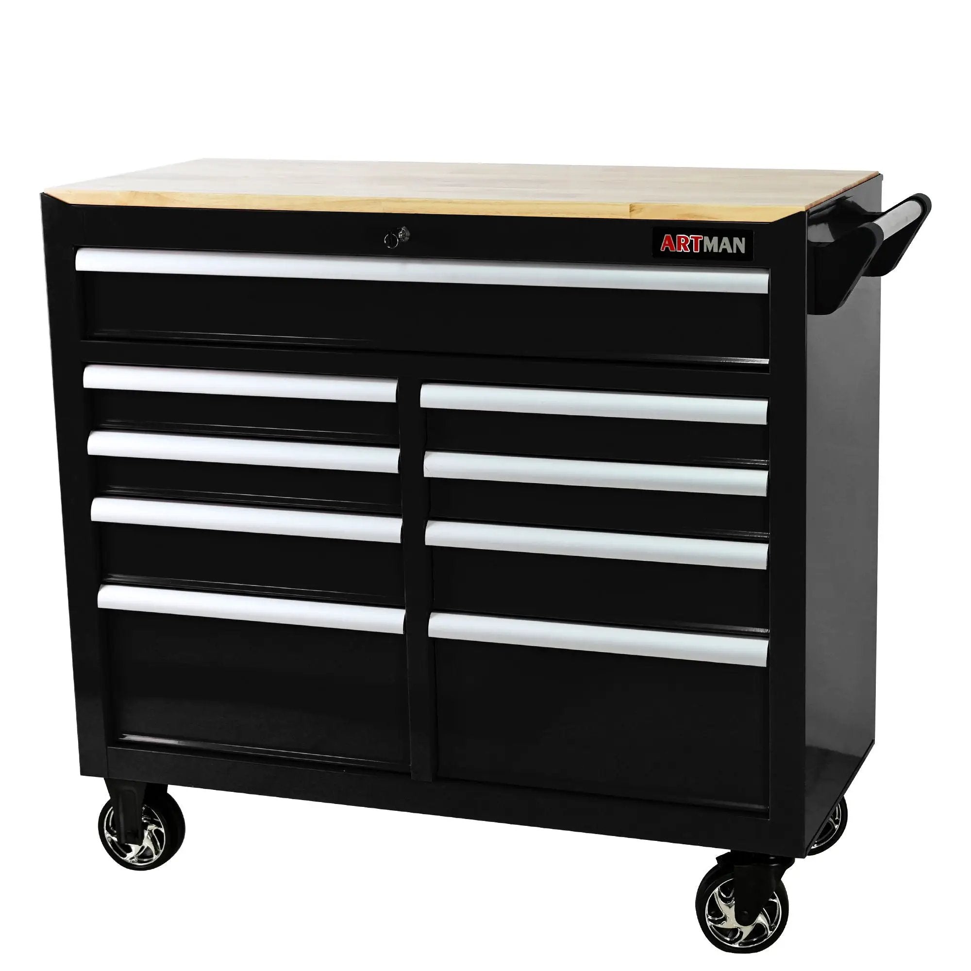 9 Drawer Multifunctional Steel Tool Cart With Wheels And Wooden Top by HouseOfZazla