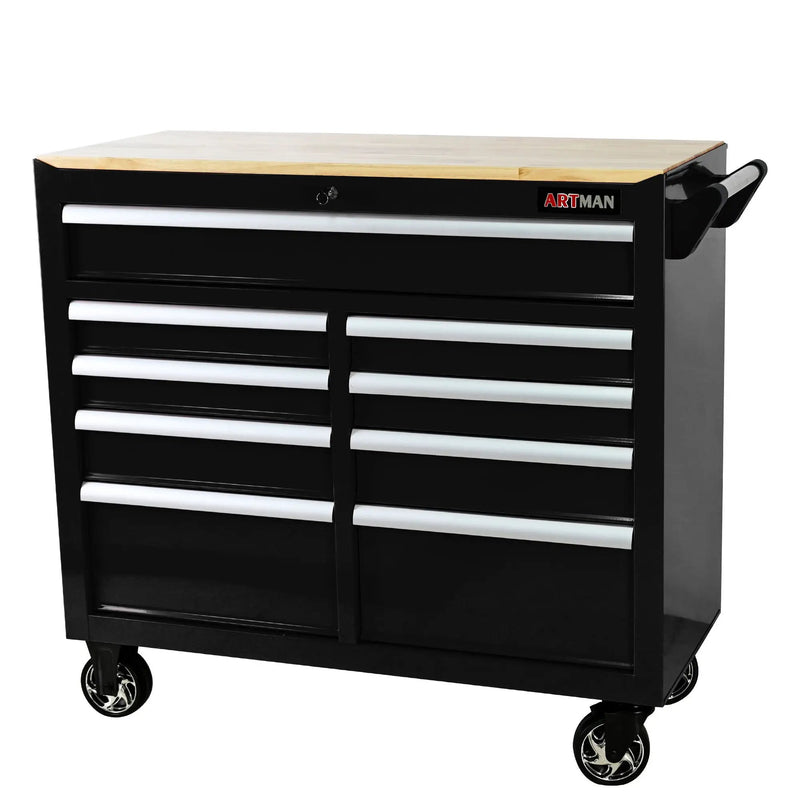 9 Drawer Multifunctional Steel Tool Cart With Wheels And Wooden Top by HouseOfZazla