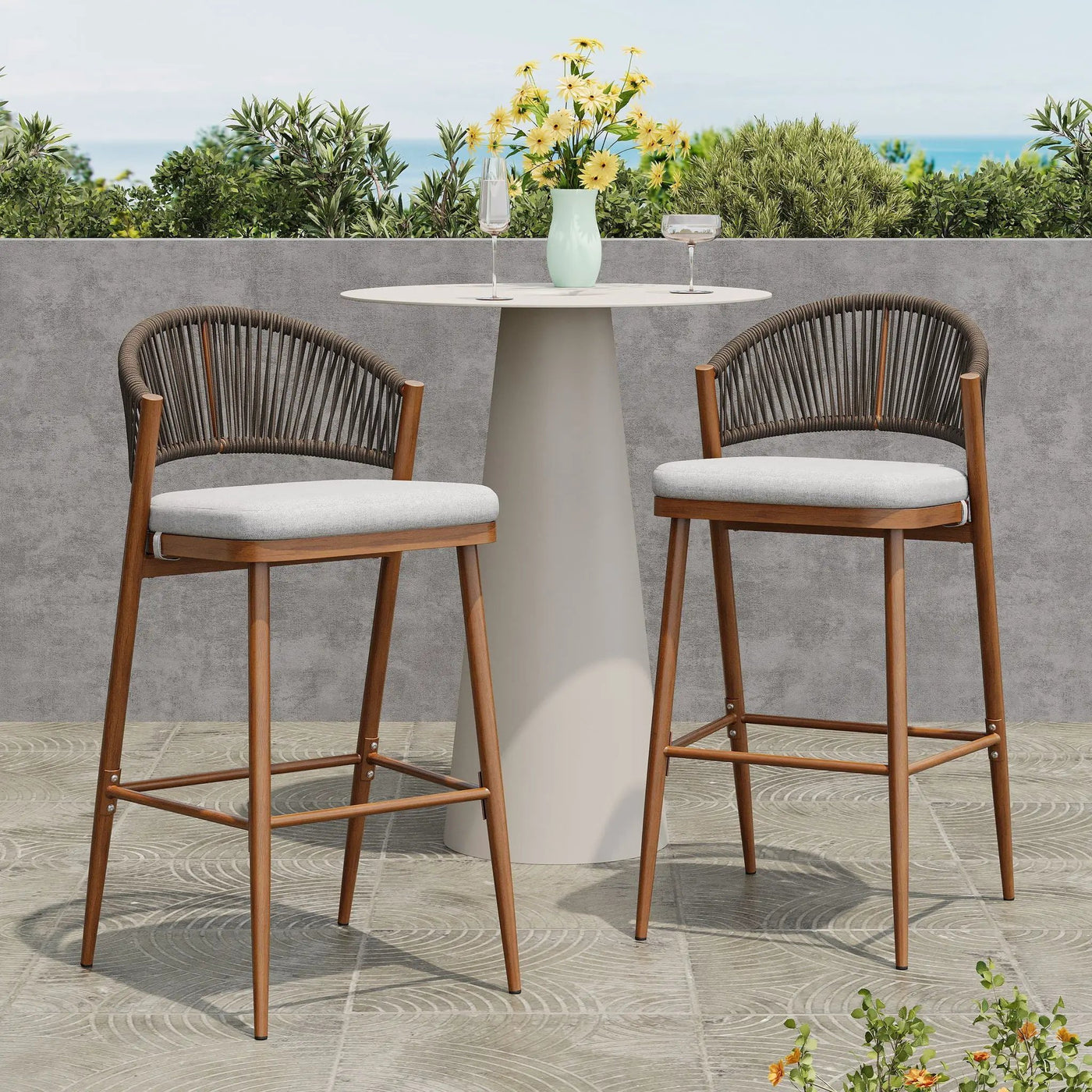 Outdoor Bar Height Metal Frame Counter Stools with Scallop-Shaped Backrest & Water-Resistant Cushions by HouseOfZazla