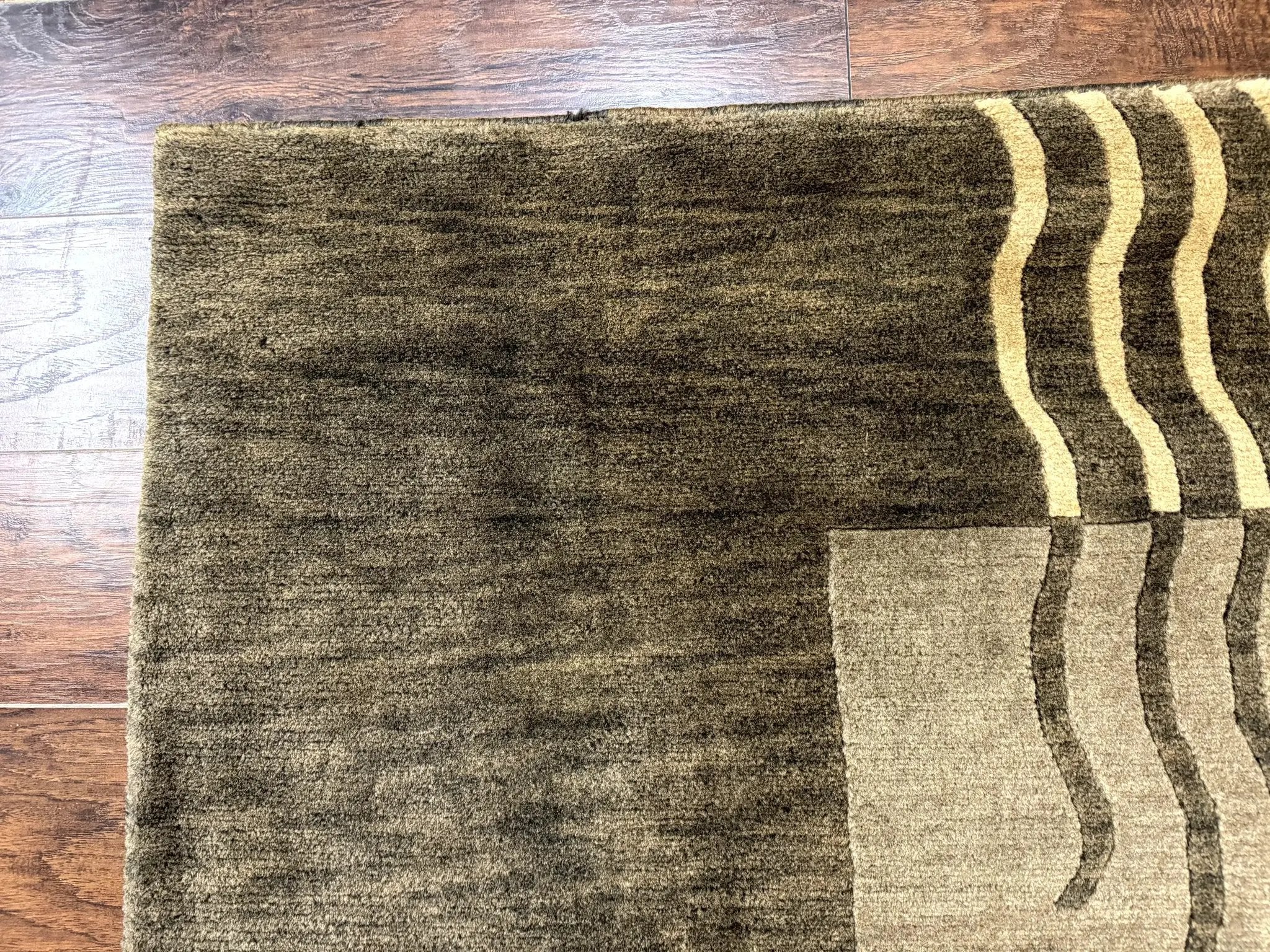 Modern Tibetan Wool Rug 3.6 x 5.6, Shades of Green, Abstract Design by Jewel Rugs
