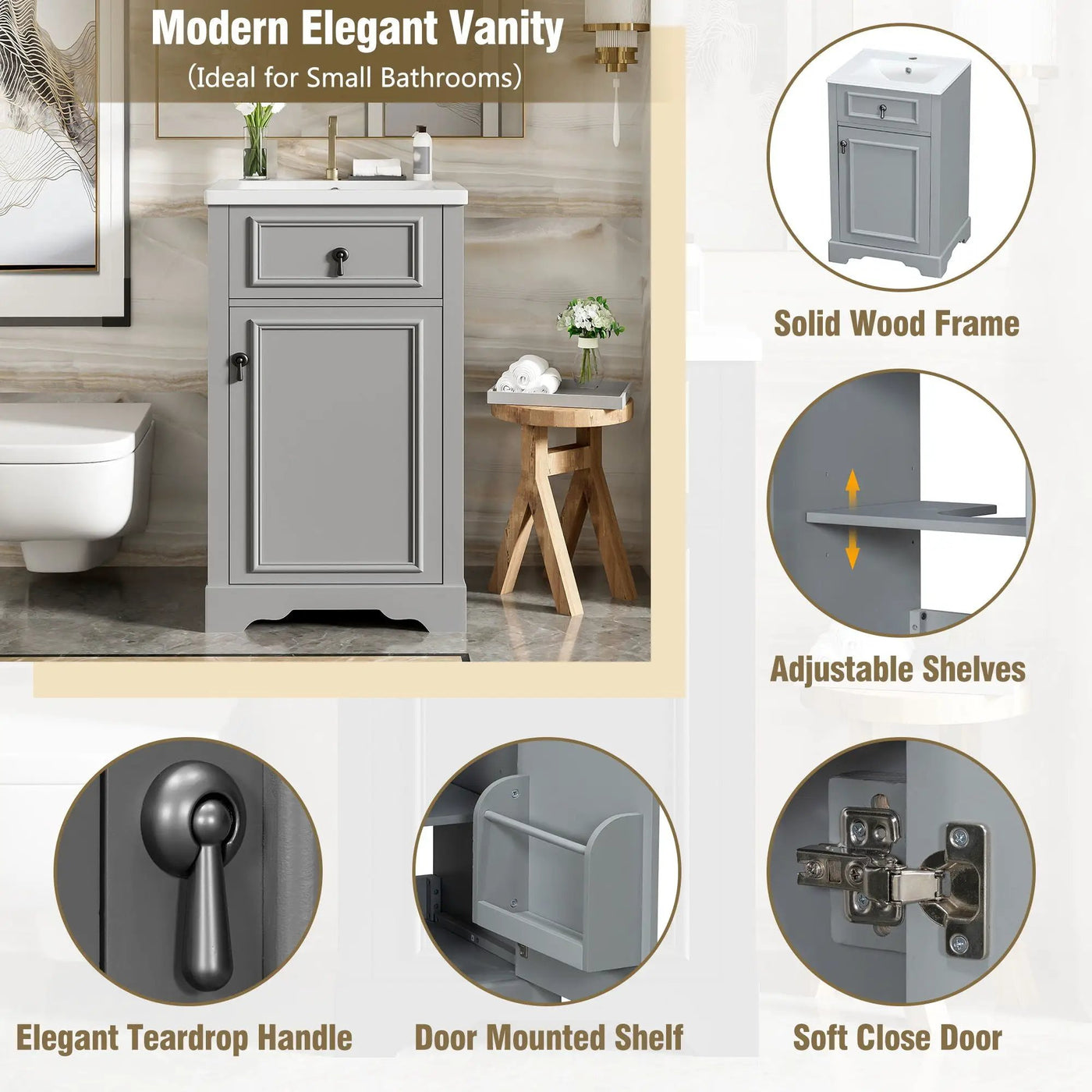 Elegant Bathroom Vanity With Ceramic Sink, Soft Close Door, Adjustable Shelf by HouseOfZazla