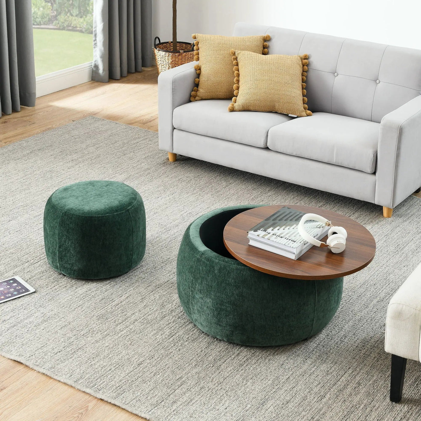 Round Storage Ottoman, 2 In 1 Function, End Table And Ottoman by HouseOfZazla