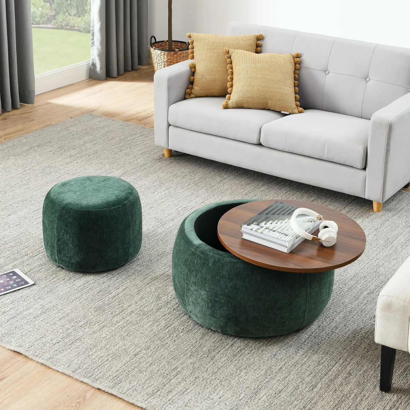 Round Storage Ottoman, 2 In 1 Function, End Table And Ottoman by Unique Piece Furniture