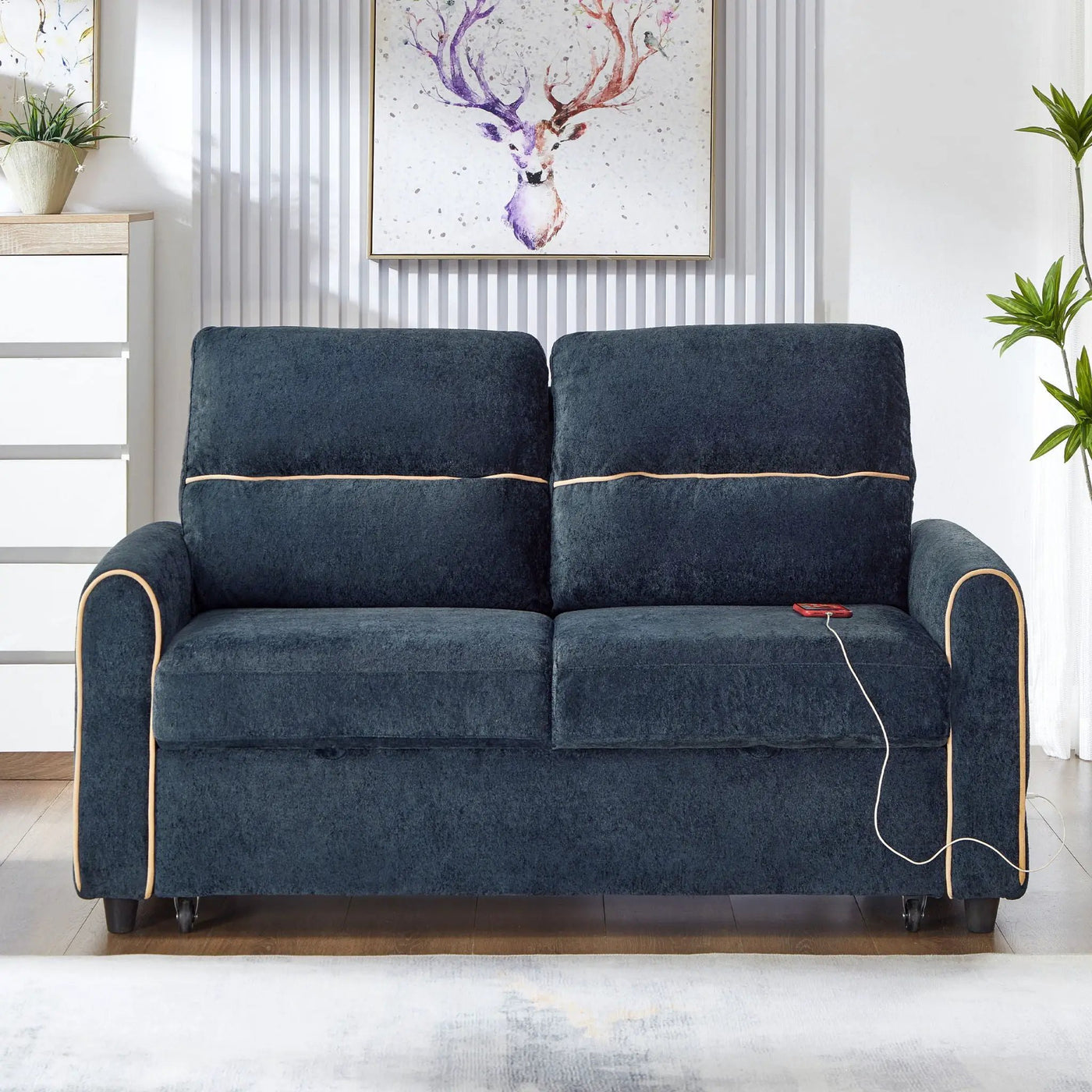 Pull Out Sofa Bed With Adjustable 3 Position Backrest, USB Charging Ports, Side Pockets by Unique Piece Furniture