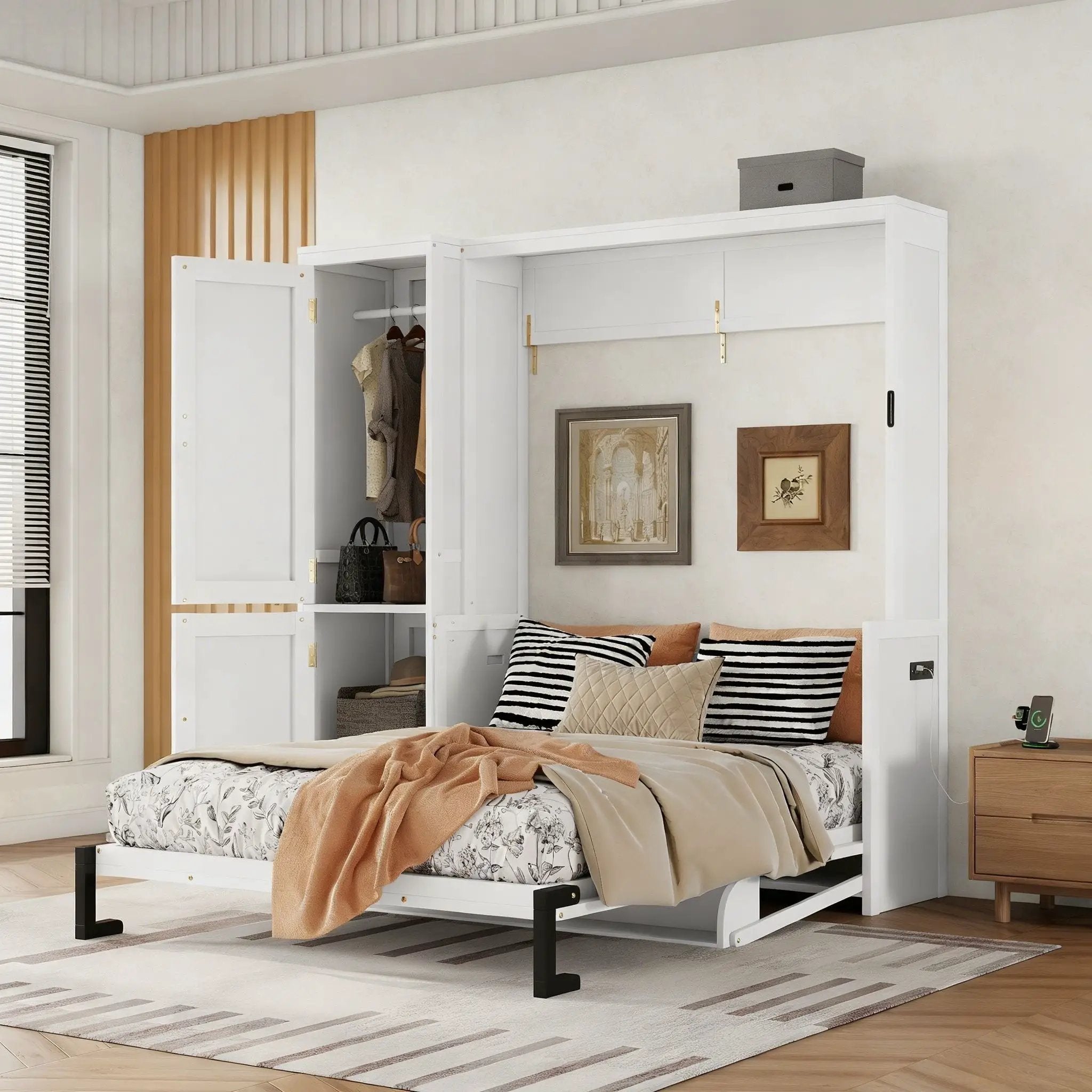 Queen Size Murphy Bed With Wardrobe, Space-Saving Hidden Wall Bed With Desk And Charging Station - White by Unique Piece Furniture