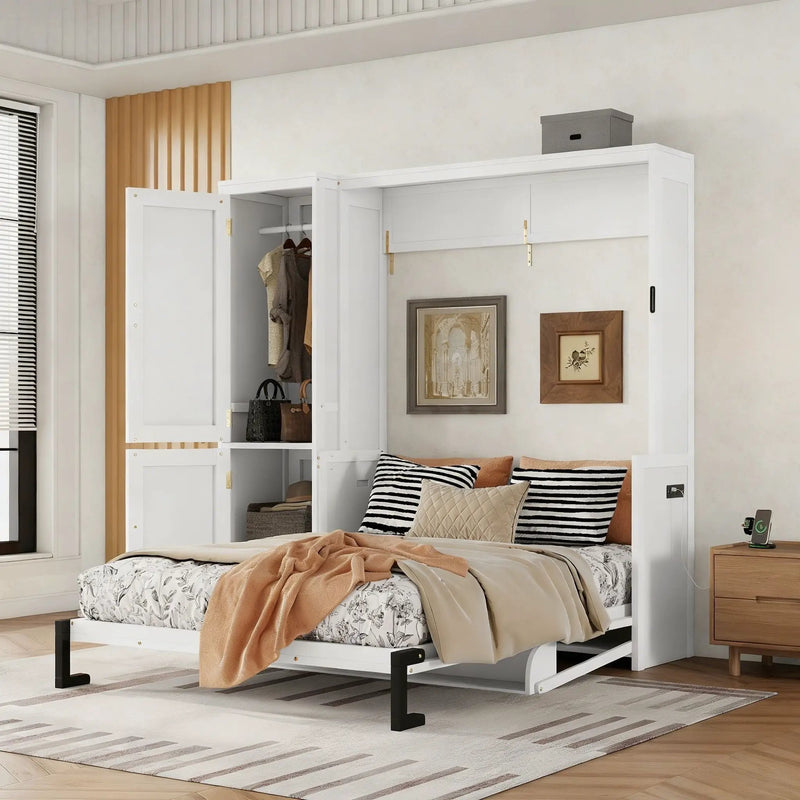 Queen Size Murphy Bed With Wardrobe, Space-Saving Hidden Wall Bed With Desk And Charging Station - White by HouseOfZazla