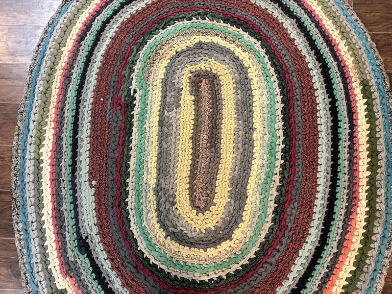 Antique American Braided Rug 5x7, Oval Multicolor Handmade Wool Braided Carpet by Jewel Rugs