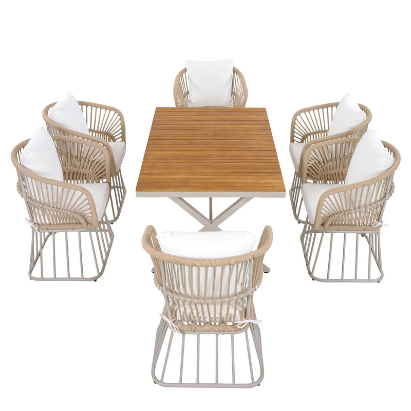 Outdoor 7-Piece Dining Set - Rectangular Teak Wood Table + 6 Wicker Chairs by HouseOfZazla