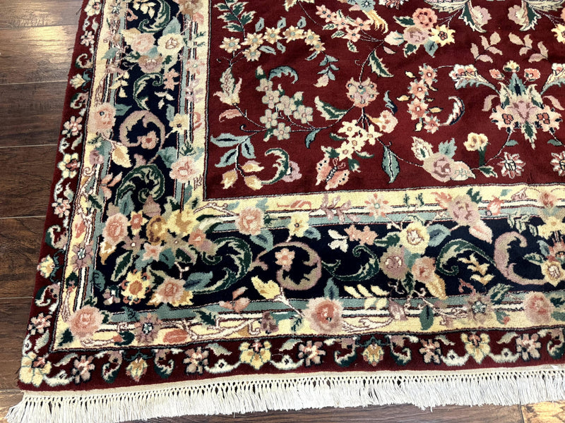 Indo Persian Rug 8x10, Floral Allover with Bird Pictorials, Maroon and Navy Blue, Handmade Wool Area Rug by Jewel Rugs