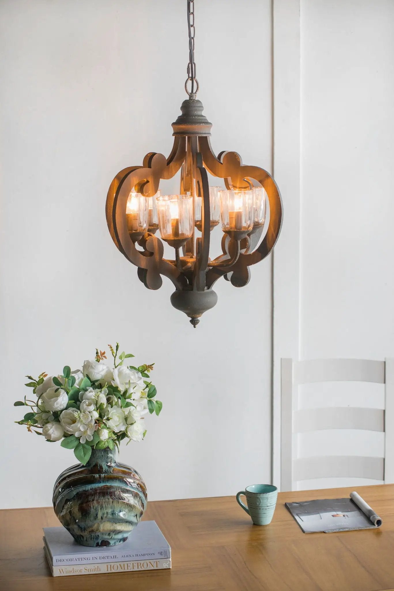Farmhouse Chandelier, 6 Light Wood Chandelier Pendant Light Fixture With Adjustable Chain For Dining Room Living Room Entryway, Bulb Not Included by HouseOfZazla