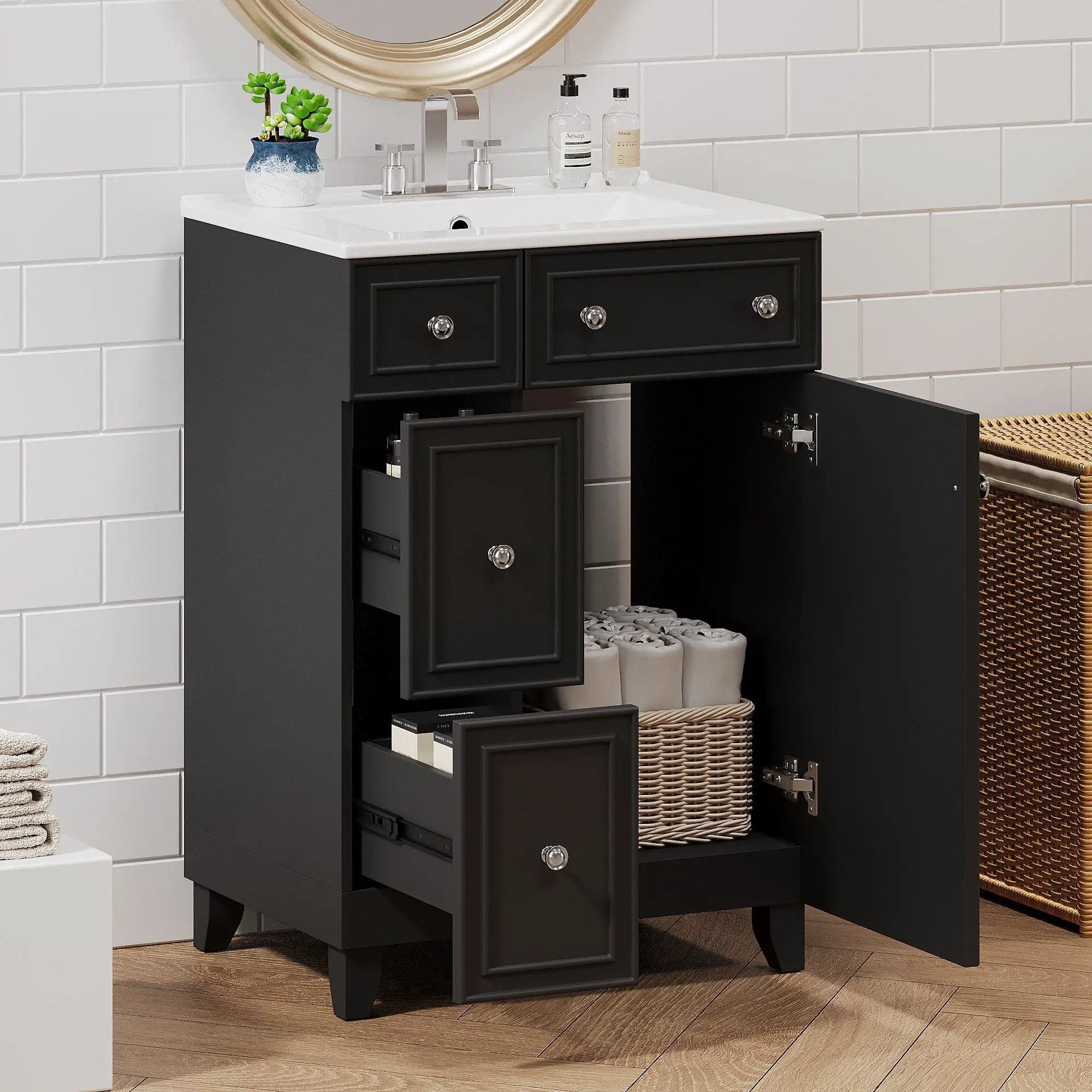 Transitional Style Bathroom Vanity Cabinet With Ceramic Sink by Unique Piece Furniture