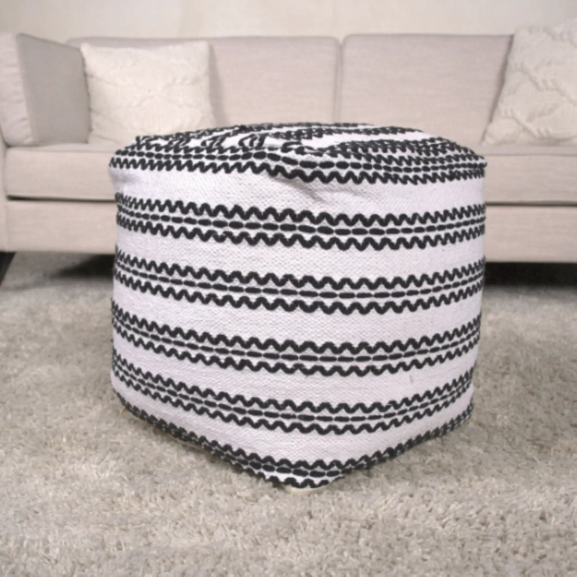 Lani - Handcrafted Fabric Pouf, Durable Cotton Square - Natural / Black by HouseOfZazla