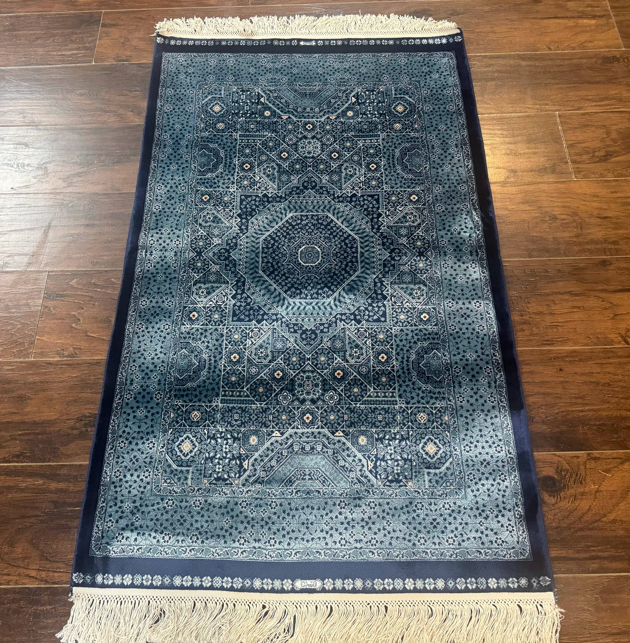 Blue Turkish Silk Hereke Rug 2.6 x 4, Mamluk Red, Blue, Bamboo Silk by Jewel Rugs