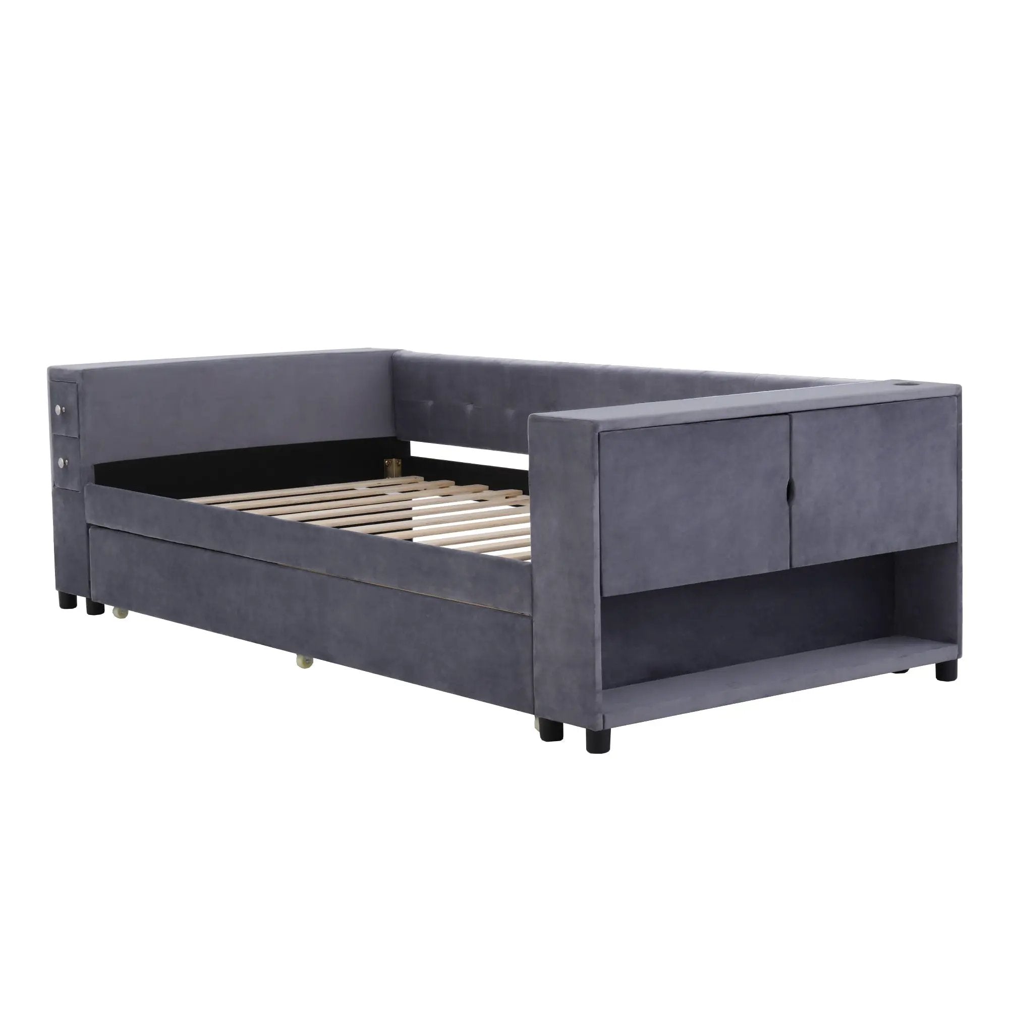 Upholstered Bed With Storage And Twin Trundle, USB Charging Ports by HouseOfZazla