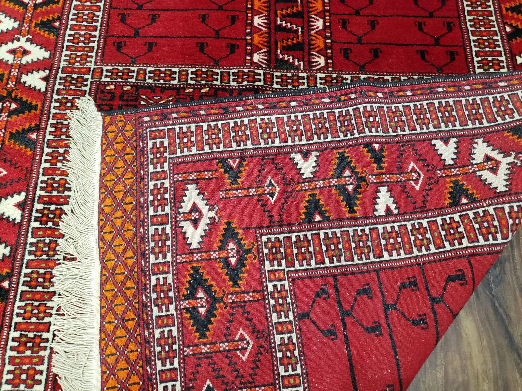 Antique Persian Turkoman Rug 4x5, Hatchli Tekkeh Ersari Red Tribal Rug, Handmade Wool Oriental Carpet, Four Seasons Rug by Jewel Rugs