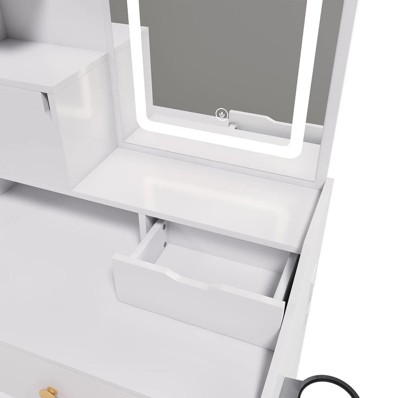 3 Color LED Vanity Mirror With Stool, Dressing Table For Bedroom, 2 Drawers & 5 Storage Cabinets (4 Open + 1 Hidden), Adjustable Lighting - White by HouseOfZazla