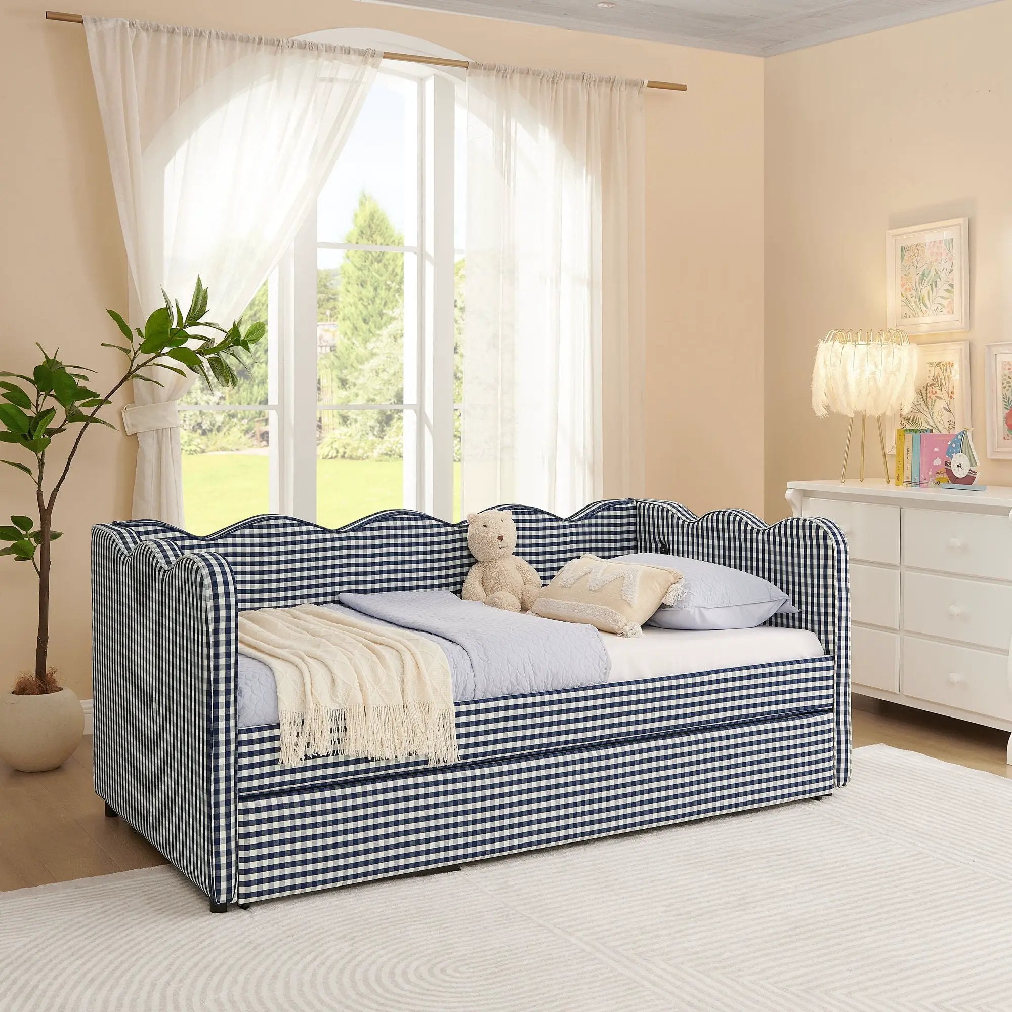 Gingham Daybed With USB Charging Port, Wave-Shaped Design by Unique Piece Furniture