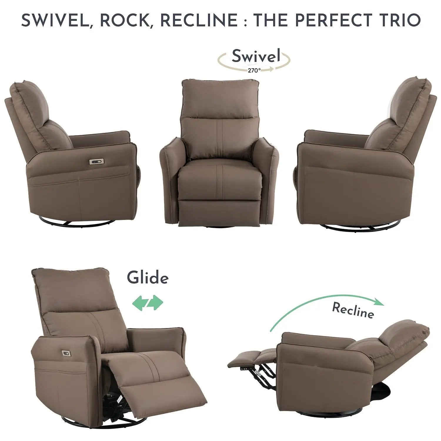29.92" 270 Power Swivel Rocker Recliner Chair, Electric Glider Reclining Sofa With USB Ports, Power Swivel Glider, Rocking Chair Nursery Recliners For Living Room Bedroom by Unique Piece Furniture
