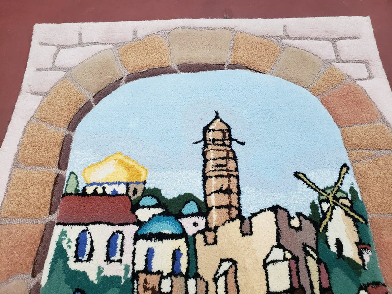 Small Judaica Rug, Rug with Jerusalem Pictorial, Chanuka Gift, Hand-Tufted, Jerusalem Gate, Vintage Judaica, Western Wall Rug, 3x4 Rug by Jewel Rugs