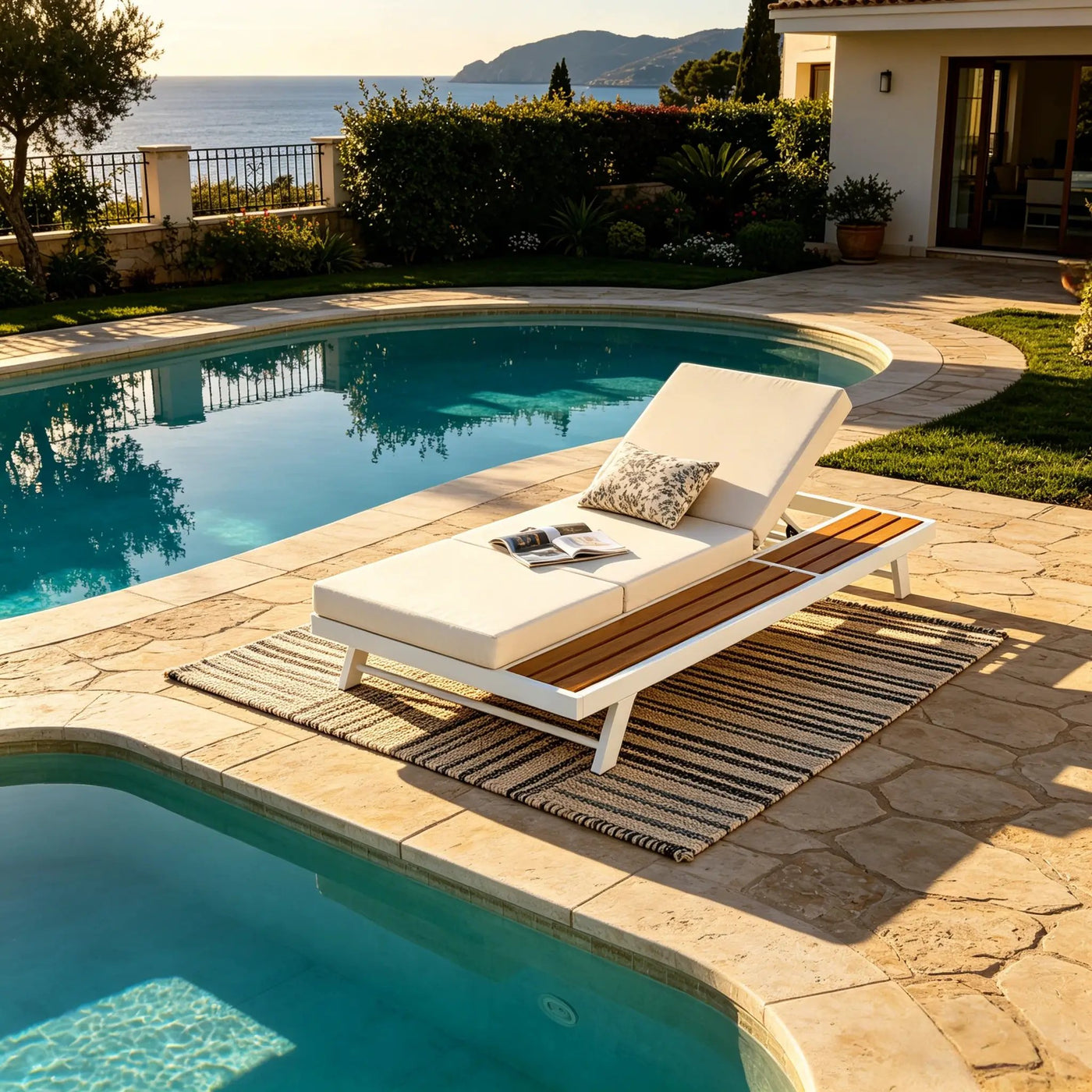 White Iron and Teak Finish Chaise Lounge Set with Cream Cushion by HouseOfZazla