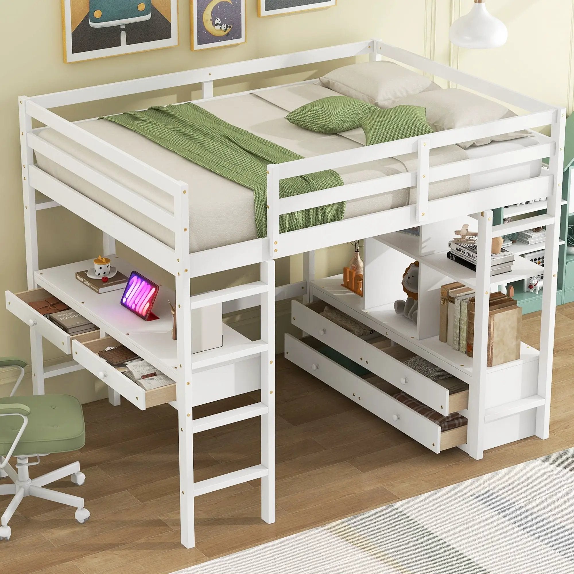 Full Size Loft Bed With Built In Desk, 2 Drawers, Storage Shelves - White by Unique Piece Furniture