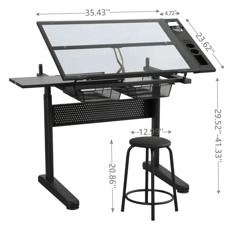 Hand Crank Adjustable Drafting Table Drawing Desk With 2 Metal Drawers With Stool by Unique Piece Furniture