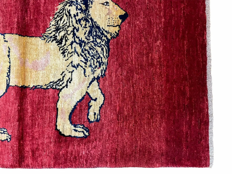 3 X 5 Handmade Hand-Knotted Quality Wool Rug New Vintage Lion Red Pictorial by Jewel Rugs