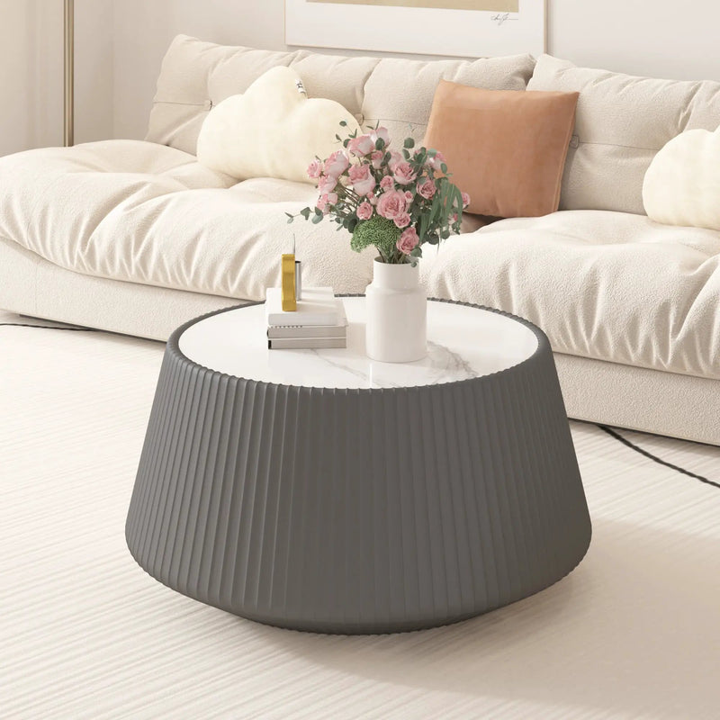 Light Sintered Stone Top Cup Shape Leather Coffee Table by HouseOfZazla