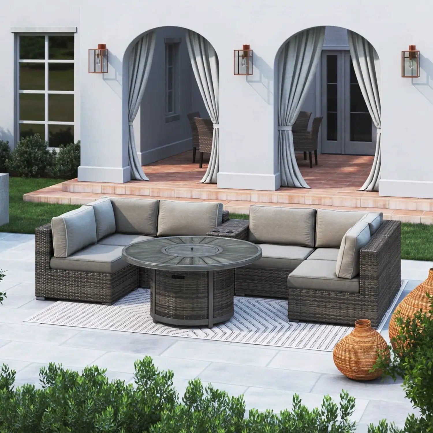 All Weather 4 Person Patio Sofa Set With Fire Pit And Side Table Rustproof - Brown by Unique Piece Furniture