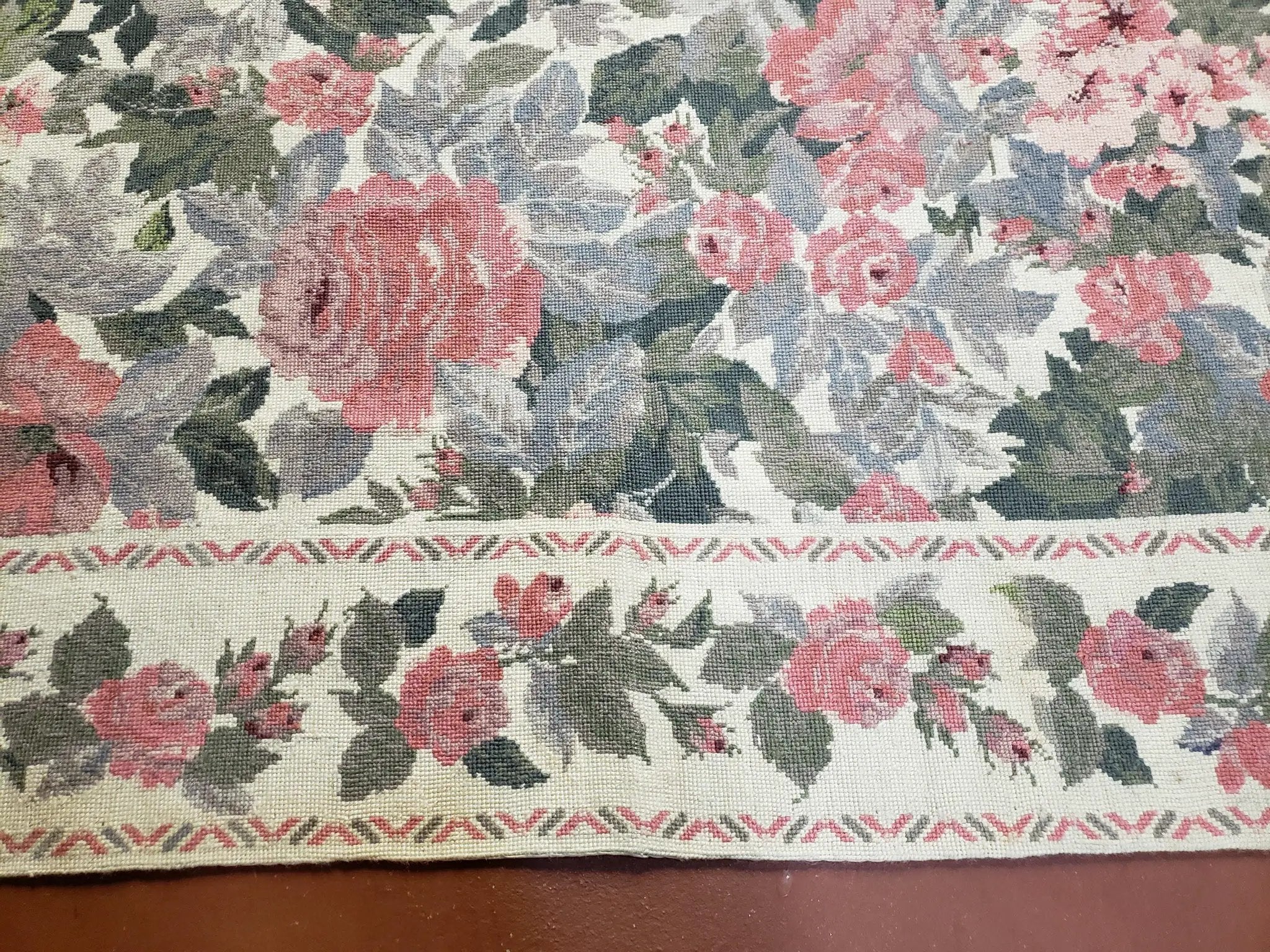 5x8 Needlepoint Rug 5' 4" x 8' 3" Wool Flat Weave Floral New Unused Carpet English Design Ivory Large Pink Flowers Green Leaves Hand-Knotted by Jewel Rugs