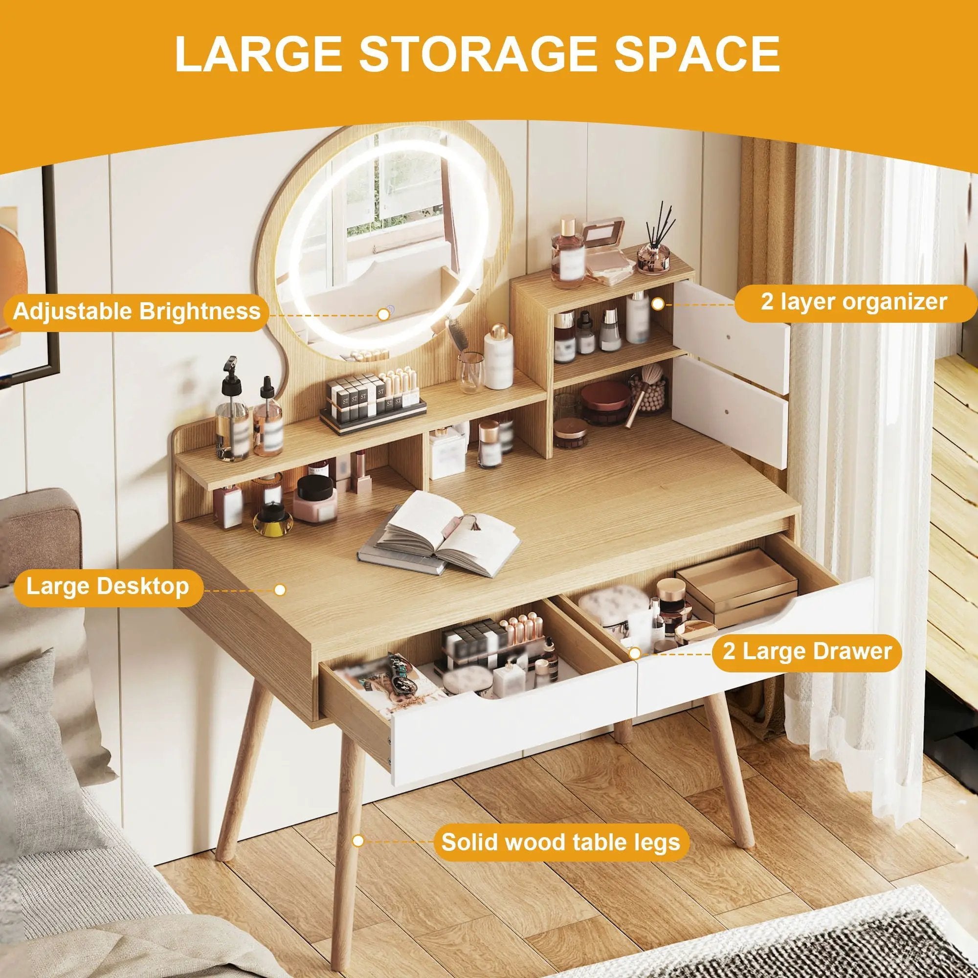 Elegant Makeup Vanity Desk With Adjustable Lighted Mirror Table Feet - American White Oak by Unique Piece Furniture