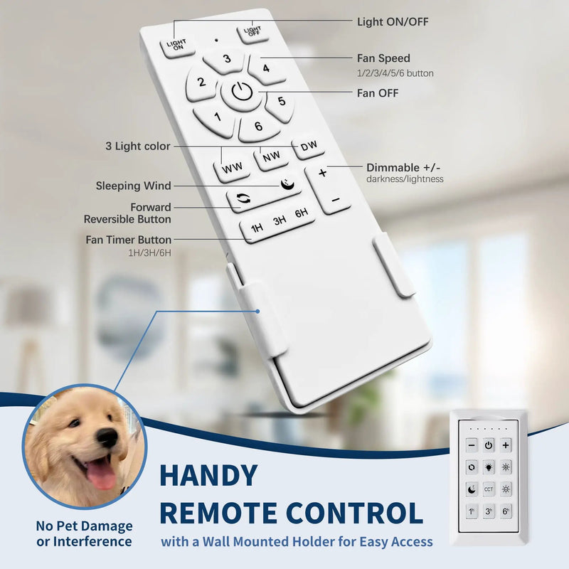 Ceiling Fan With Remote Control, Reversible DC Motor, 6 Speeds, 3 Dimmable LED, Quiet Timer For Indoor - White by HouseOfZazla
