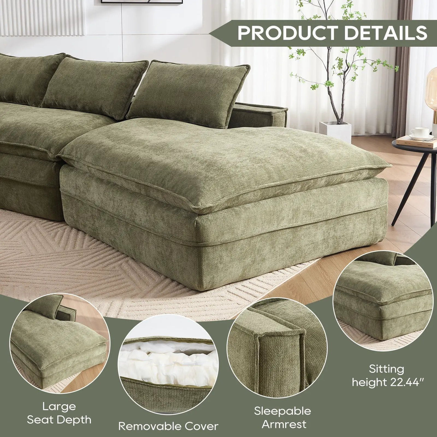 Modern Minimalist Modular Sectional Sofa With Deep Seats And Right Facing Chaise by Unique Piece Furniture