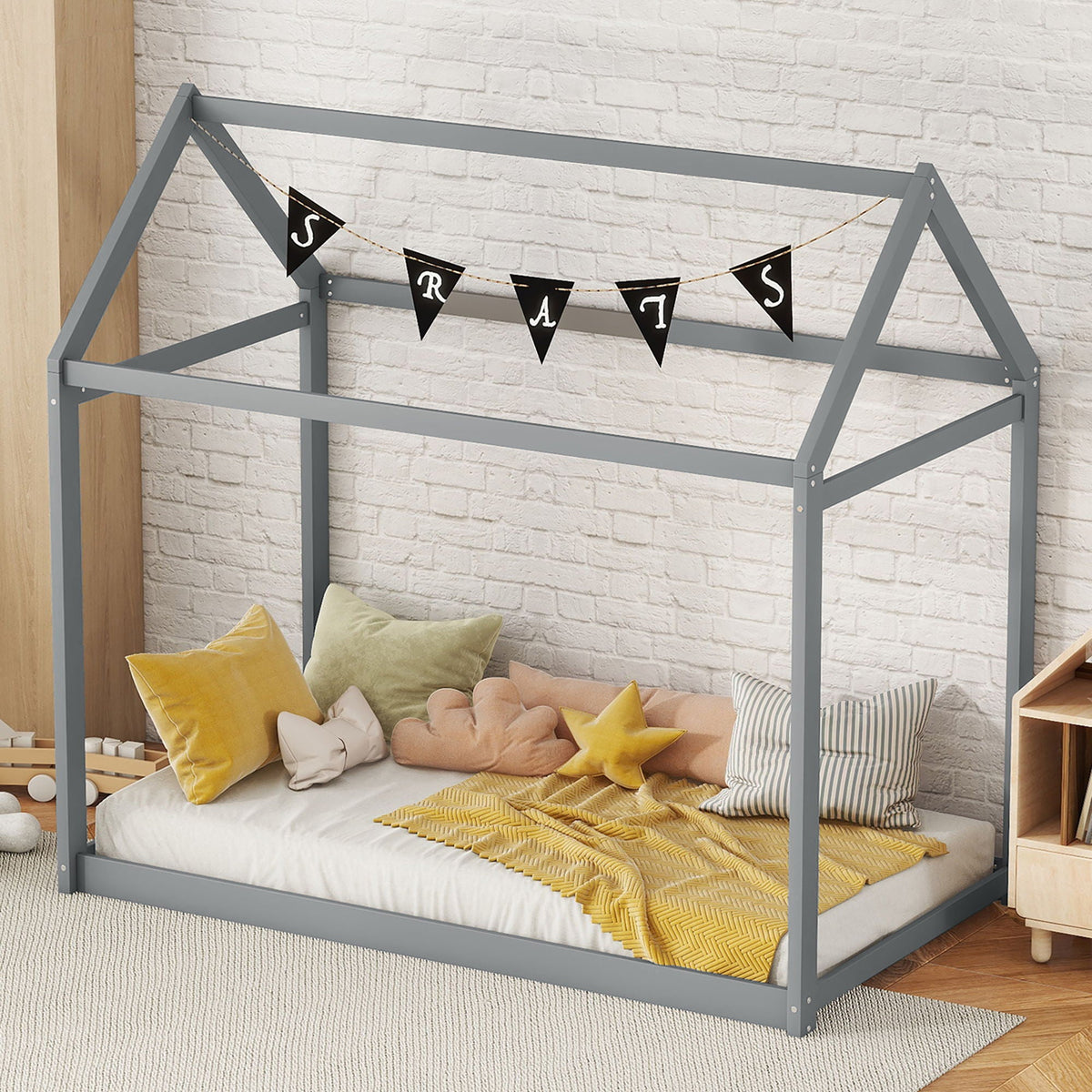 Wooden House Shaped Platform Bed with Low Profile - Twin Size, photo 12 of 27