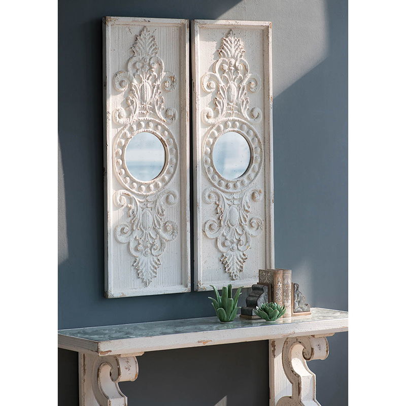 Large Wooden Wall Art Panels with Distressed Round Mirror Accents - White, photo 7 of 12