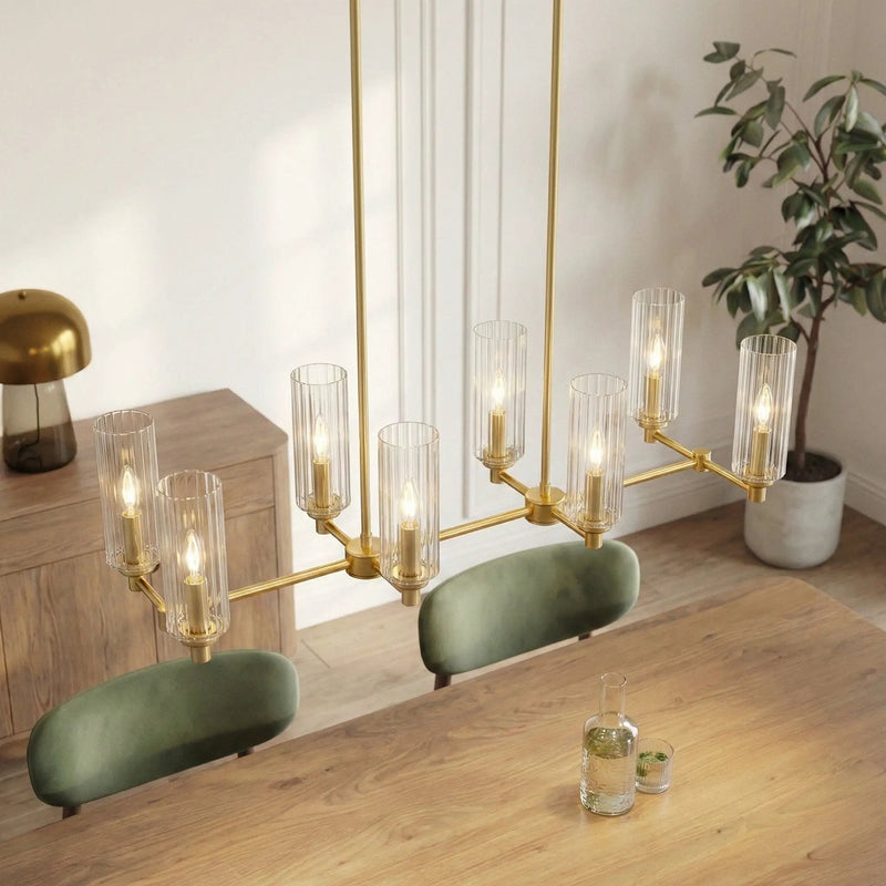 Willow - 8 Lights Island With Clear Ribbed Pendant Lamp Satin - Antique Brass / Clear / Gold by Unique Piece Furniture