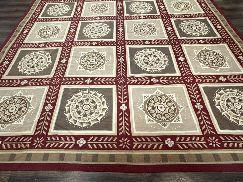 Needlepoint Rug 9x12, Panel Design, Burgundy Taupe, Elegant by Jewel Rugs