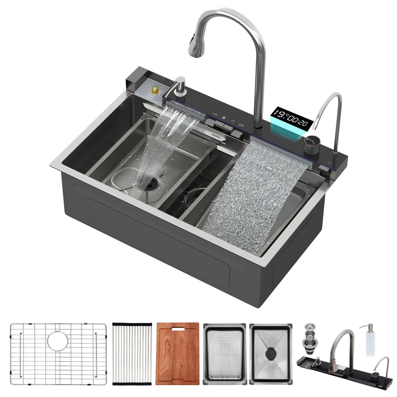 Kitchen Waterfall Sink Single Bowl With LED Faucet, Ledge Workstation, And Multi Function Pull Out Spray - Brushed Nickel by HouseOfZazla