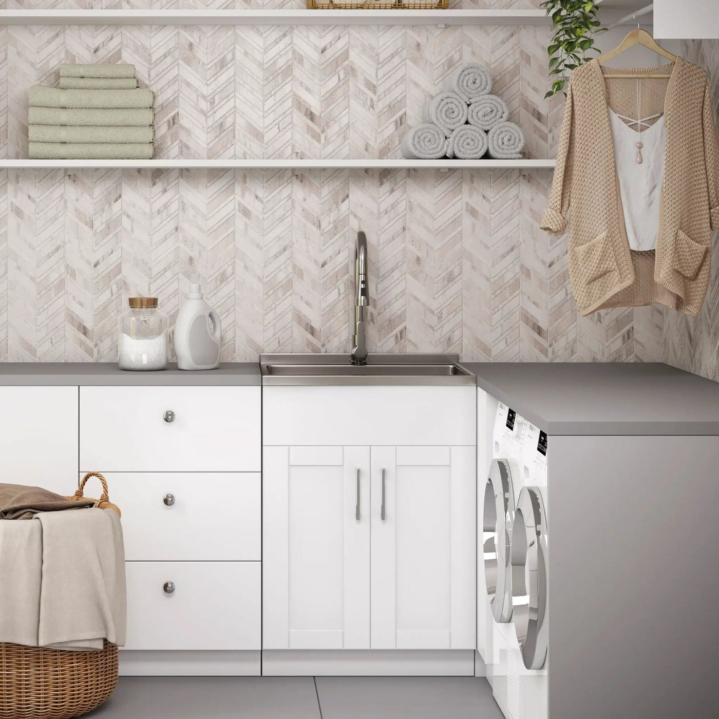 Shaker - Modern Wide, Laundry Cabinet With Faucet And Stainless Steel Sink by HouseOfZazla