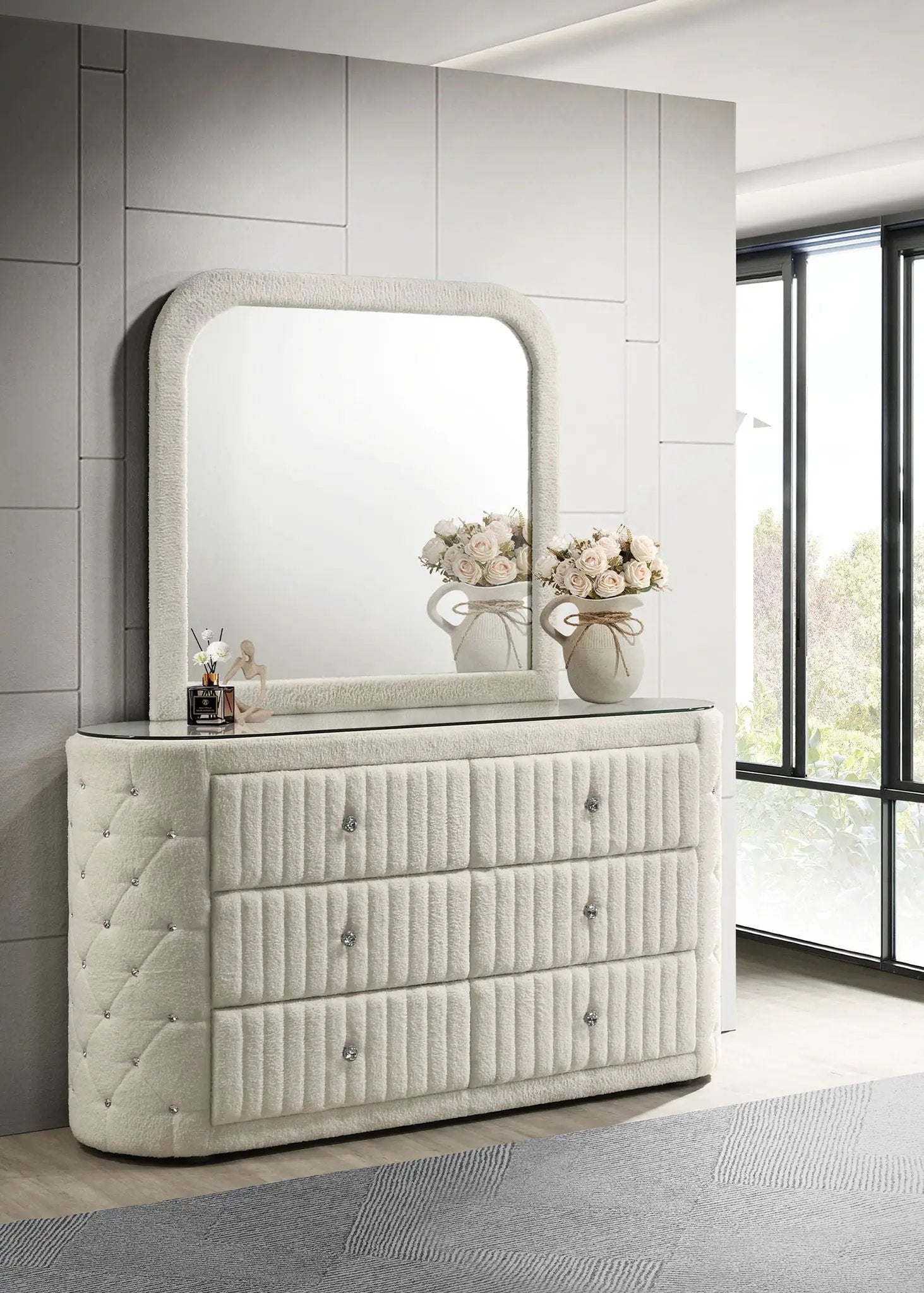Sonya 6-drawer Upholstered Bedroom Dresser with Mirror Ivory by Unique Piece Furniture